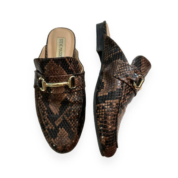 Steve Madden Kandi Leather Snakeskin Almond Toe Mules Horsebit Brown Size 7.5 - Picture 1 of 8